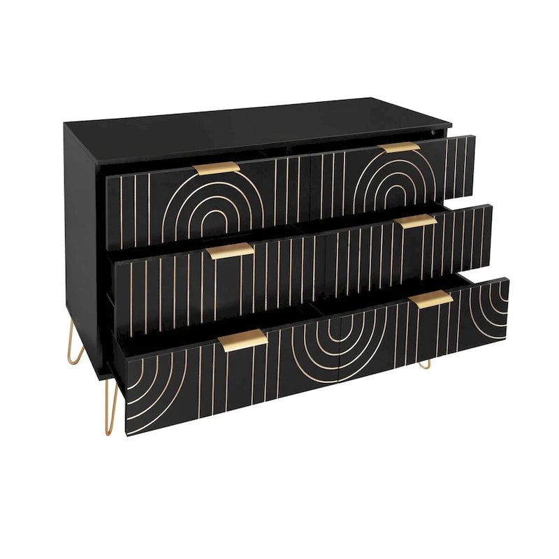 6-Drawer Dresser with Gold Arch Detail and Metal Legs, Black or Dark Blue