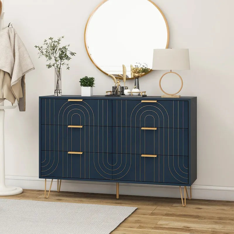 6-Drawer Dresser with Gold Arch Detail and Metal Legs, Black or Dark Blue