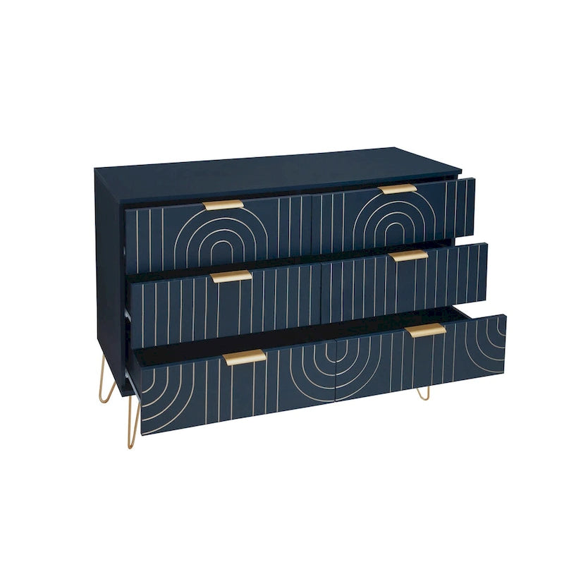 6-Drawer Dresser with Gold Arch Detail and Metal Legs, Black or Dark Blue