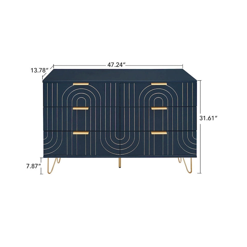 6-Drawer Dresser with Gold Arch Detail and Metal Legs, Black or Dark Blue