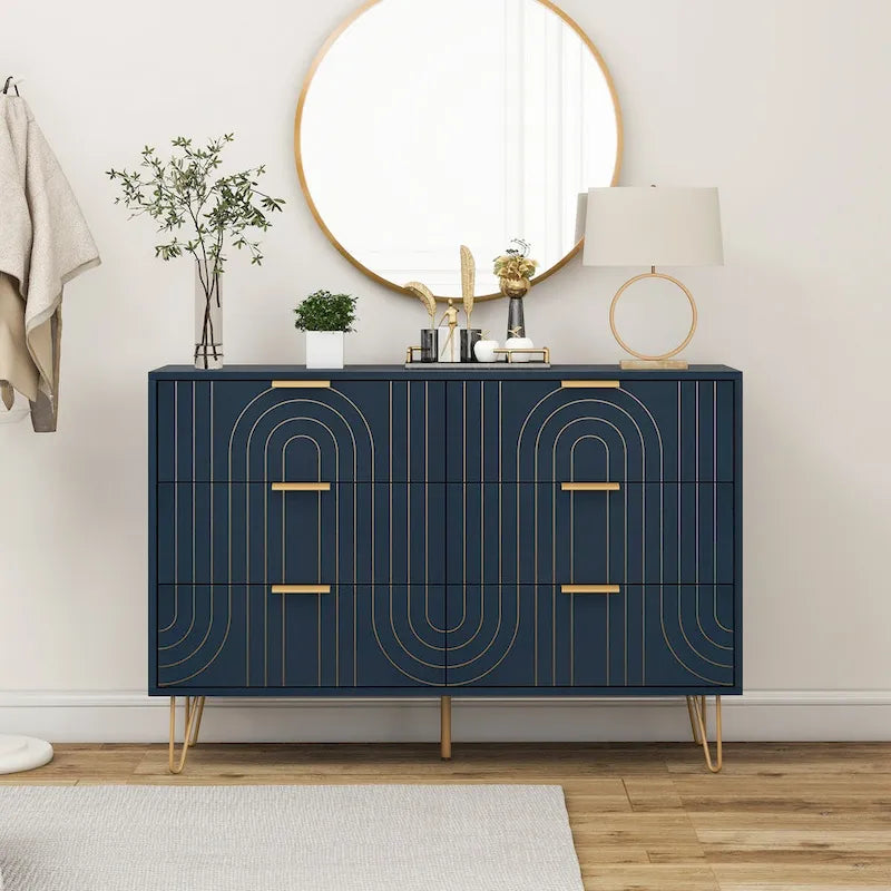 6-Drawer Dresser with Gold Arch Detail and Metal Legs, Black or Dark Blue