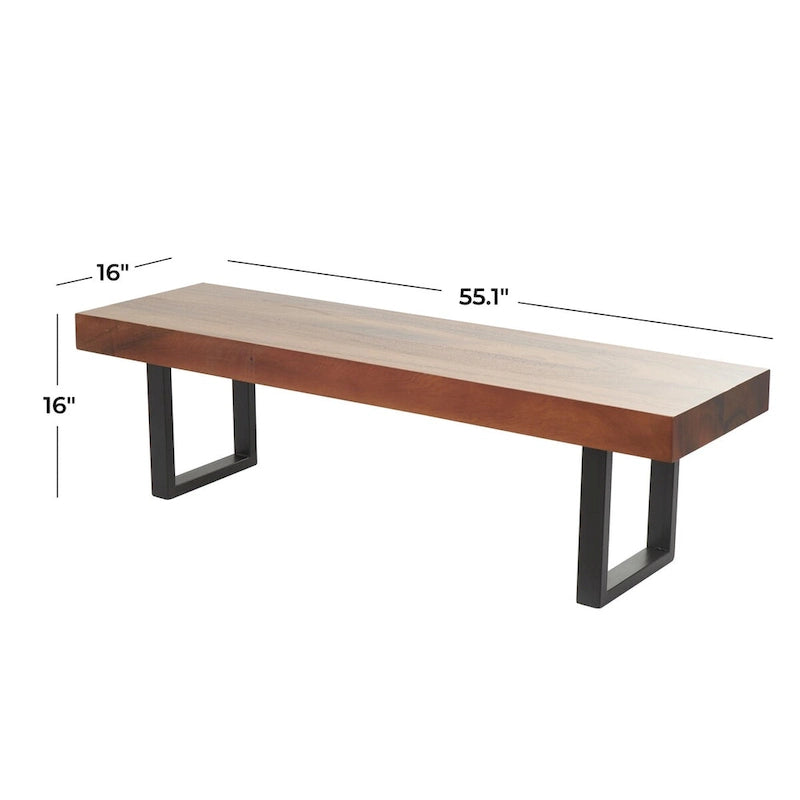 Brown Wood Entryway Bench with Matte Black Metal Legs