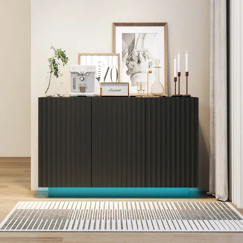 3-Door Accent Storage Cabinet with LED Light Strip and Adjustable Shelves, Black