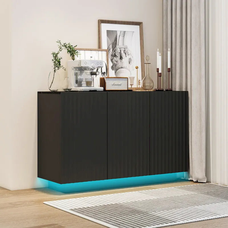 3-Door Accent Storage Cabinet with LED Light Strip and Adjustable Shelves, Black
