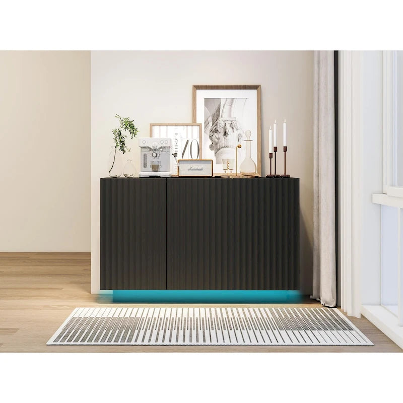 3-Door Accent Storage Cabinet with LED Light Strip and Adjustable Shelves, Black