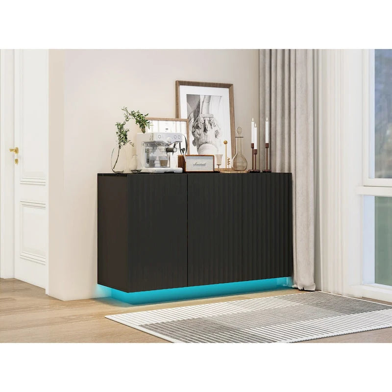 3-Door Accent Storage Cabinet with LED Light Strip and Adjustable Shelves, Black