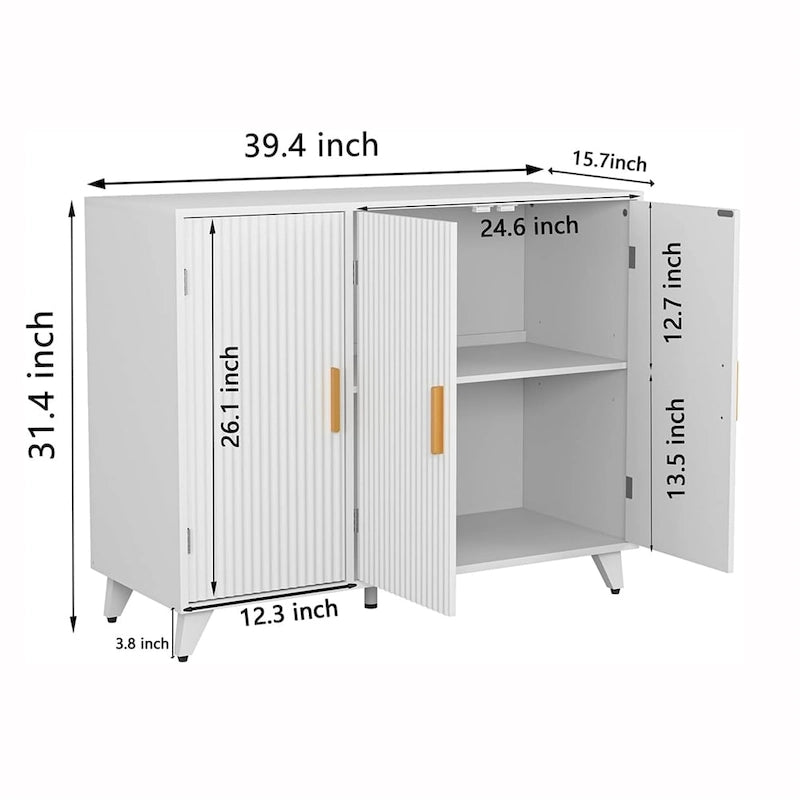 White Fluted Buffet Cabinet with Gold Handles and Storage Doors