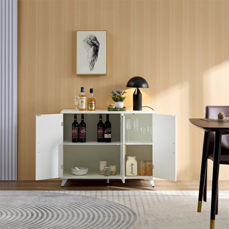 White Fluted Buffet Cabinet with Gold Handles and Storage Doors