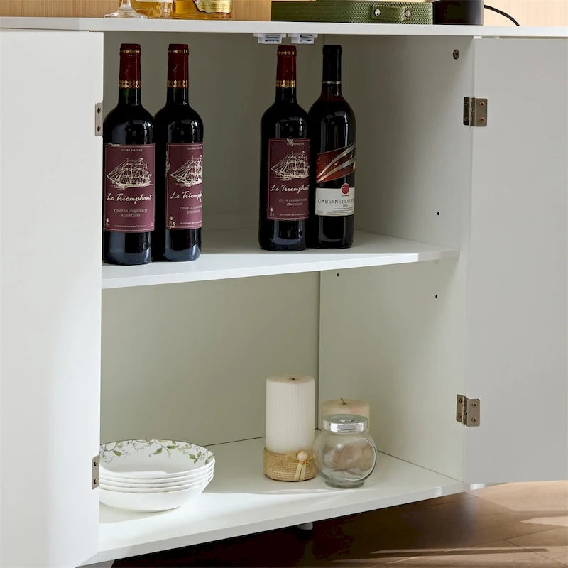 White Fluted Buffet Cabinet with Gold Handles and Storage Doors