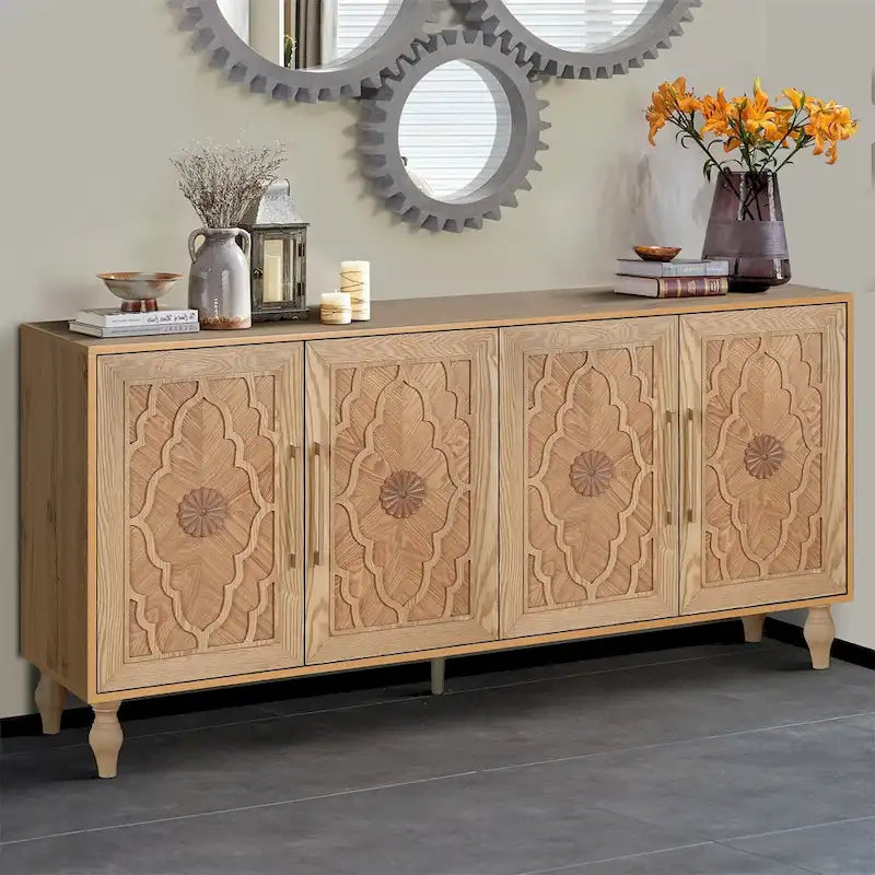 Natural Wood Floral Carved 4-Door Sideboard Cabinet with Metal Handles