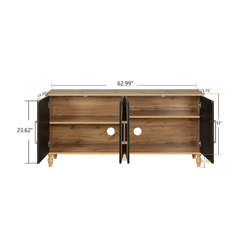 Natural Wood Floral Carved 4-Door Sideboard Cabinet with Metal Handles