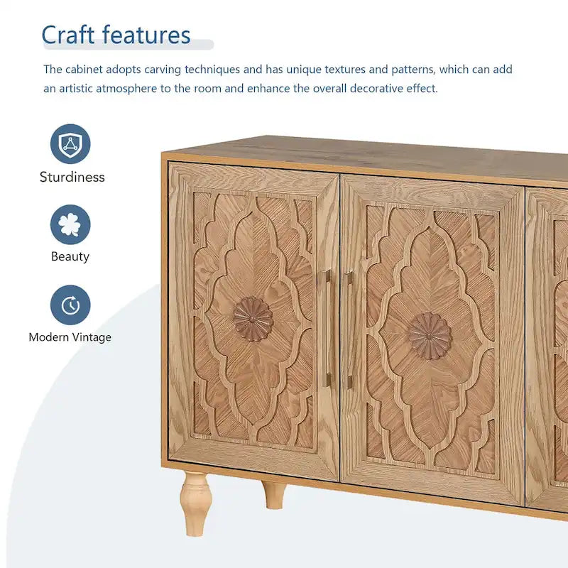 Natural Wood Floral Carved 4-Door Sideboard Cabinet with Metal Handles