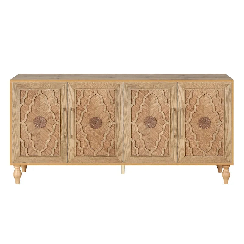 Natural Wood Floral Carved 4-Door Sideboard Cabinet with Metal Handles