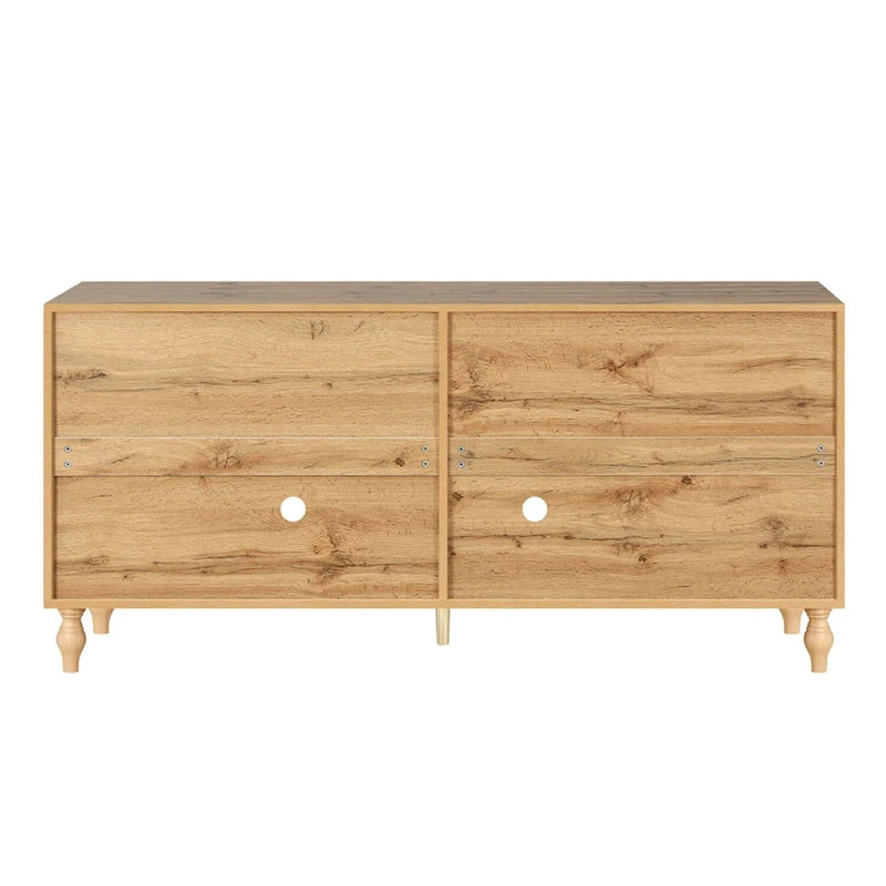 Natural Wood Floral Carved 4-Door Sideboard Cabinet with Metal Handles