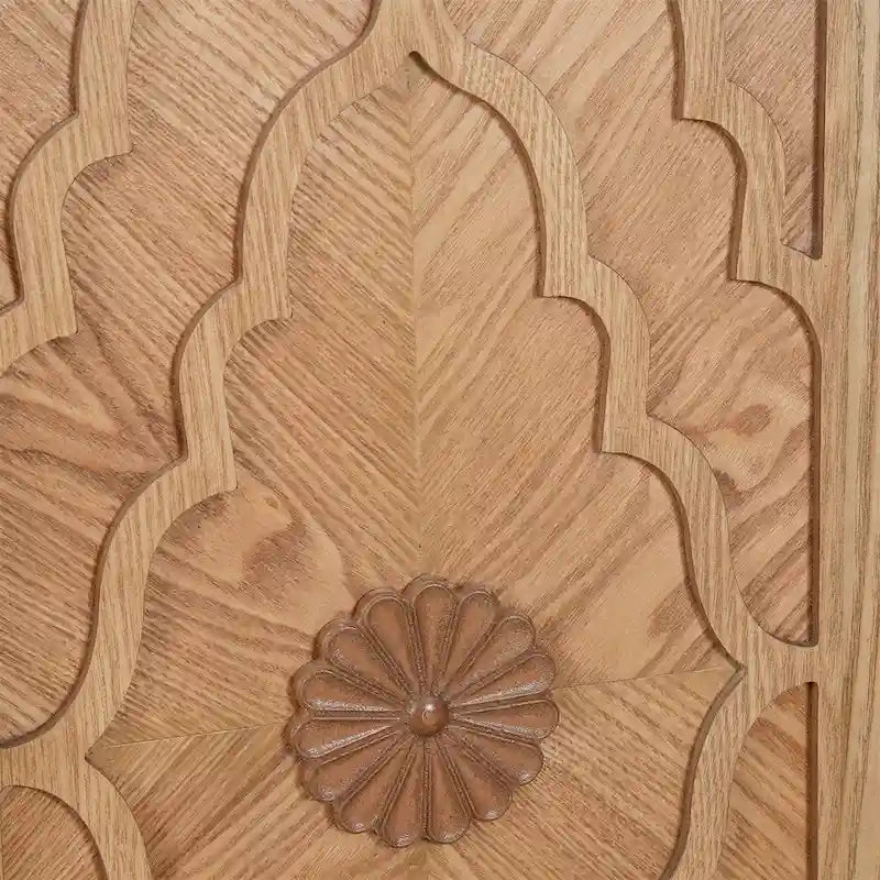 Natural Wood Floral Carved 4-Door Sideboard Cabinet with Metal Handles